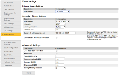 Primary = Disabled; Secondary = HTTP MJPG (Firmware 4.11)