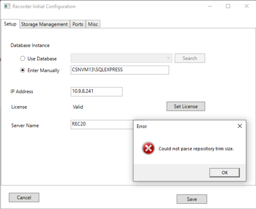 Error message "Could not parse repository trim size" during ...
