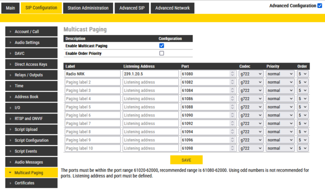 Configuration page in Zenitel devices running firmware 8.1 and older