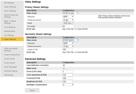 Primary = RTSP H.264; Secondary = RTSP MJPG (Firmware 4.11)