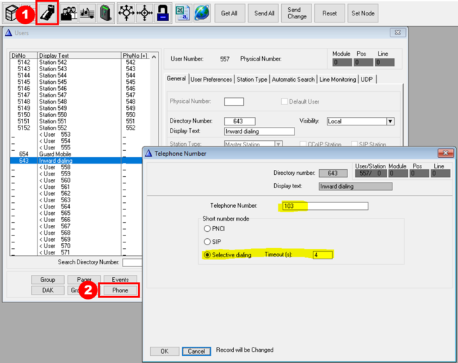 Incoming call: When 643 is dialed from SIP trunk, a new dial tone is presented. If no dialing within 4 sec, the call is routed to number 103.