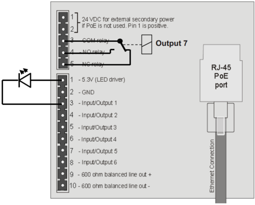 Connecting to the onboard relay. Extra LED controlled by output 1
