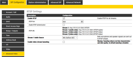 RTSP Settings (Video Turbine stations)
