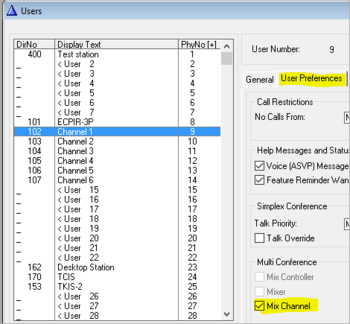 On the succeding physical numbers, enter succeding directory numbers for the virtual stations (102 - 107), and enable the “Mix Channel” flag for each one