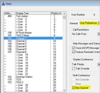 On the next physical numbers, enter succeding directory numbers for the virtual stations (102 - 107), and enable the “Mix Channel” flag for each one