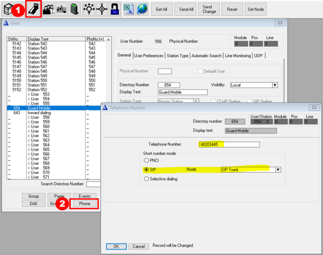 Outgoing call: Dial 654 to access the SIP Trunk and call phone number 48203445