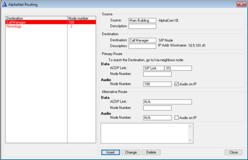 A typical NetRouting from AlphaCom to SIP Trunk node 100